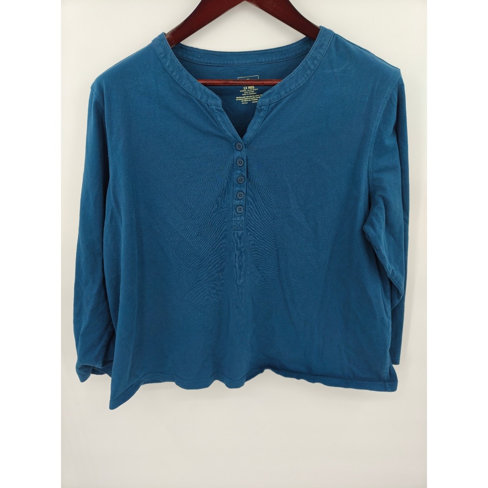 LL Bean Womens 1X Teal Blue Cotton Long Sleeve Henley Top 287874